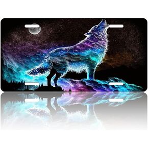 Car Front License Plate Covers,Spiritual Wolf Howling at Full Moon License Plate,Neon Wolf in Mountain Forest Decorative Aluminum Car Plate Tag for Men Women,12.2 X 6.2 Inch