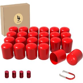 Lug Nut Covers- 24PCS 19mm Inner Flexible Fit Anti-Skid Treatment Wheel Lug Nut Cap with Removal Clip and 4 Tire Valve Stem Caps (Red)