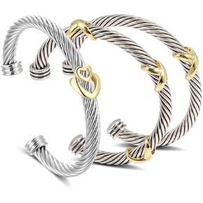 3 PCS Cuff Bracelets for Women Cable Cable Wire Bracelet - Two Tinted Bangle Bracelet قابل للتكديس - Gold Hook Silver Cuff Bracelets Heart Jewelry