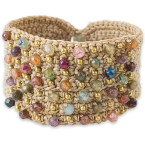 NOVICA Artisan Handmade Agate Wristband Bracelet Crocheted with Multi Color Agates Brass Labradorite Multicolor Beige Grey Beaded Style Thailand Hazelnut Bohemian Birthstone [7.5 in min L x 7.75 in ]