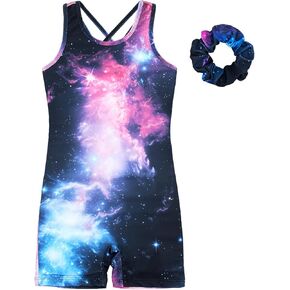JESKIDS Leotards for Girls Gymnastics with Shorts Crisscross Back Dance Biketards Tumbling Matching Hair Scrunchie