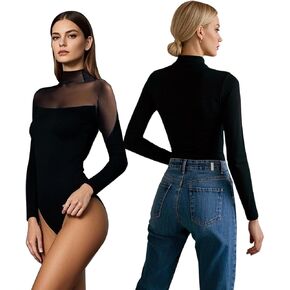 Women Long Sleeve Bodysuit Turtle Neck Shapewear Body Suits Mesh One Piece Leotard Shirt Going Out Tops Outfits
