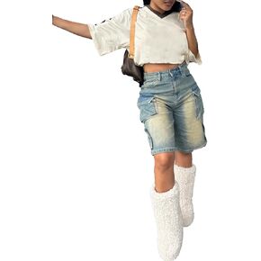 Molisry Women's Cargo Jean Shorts Casual High Waisted Y2K Straight Wide Leg Baggy Denim Bermuda Shorts Streetwear