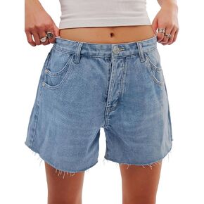 Womens Jean Shorts Mid Waist Stretchy Denim Shorts Women Raw Hem with 6 Pockets