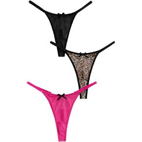 GORGLITTER Women's 3 Piece Y2K Bow Thongs String Butterfly Metal Chain Leopard Print High Rise Bow Panties