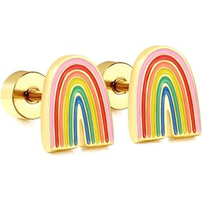 20g Rainbow Gold Plated Flat Screw Back Small Stud Earrings for Women Minimalist Cute Surgical Steel Colorful Enamel Cartilage Tragus Piercing Sleeper Tiny Mini Studs Hypoallergenic Birthday Gift for Daughter Bff Christmas
