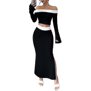 WDIRARA Women's 2 Piece Split Fishtail Skirt Set Monochrome Off Shoulder Top Outfit