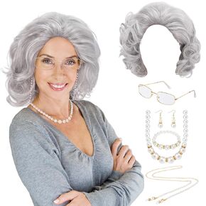 Zivyes Old Lady Costume for Girls and Women Granny Wig,Wig Cap,Madea Granny Glasses,Eyeglass Chains,Pearl Beads Accessories (Natural Grey)