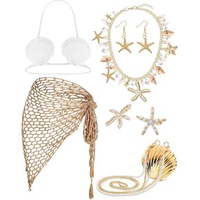 7 Pcs Mermaid Costume for Women Shell Necklace Earrings Purse Starfish Hair Clip Mermaid Crochet Skirt Shell Bra Summer Beach Accessories