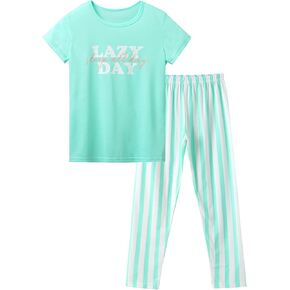 Girls Pajamas Top & Pants Green Stripe Size 16