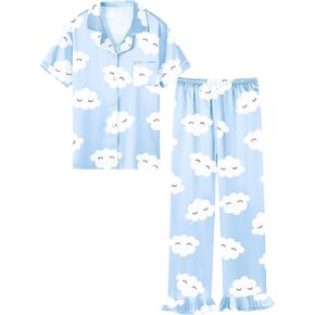 QZH.DUAO Girls Satin Pajamas Set Button Down Silk 2 Piece Pj Sets Ruffle Pants Sleepwear, Blue Eyelashes, 7-8 Years