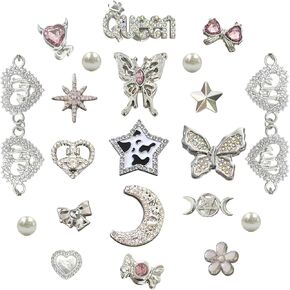 Bling Shoe Charms for Women, Silver Chain Shoes Accessories for Women Girls Cute Goth Shoe Decoration Charms Butterfly Flower DIY for Birthday Gifts Party Favors (21 Pcs)