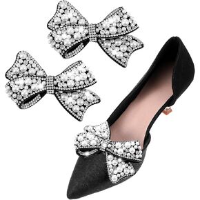 Shoe Jewelry Clips for Women 2 Pcs Bow Shoe Clips for Women Dress Shoes Pearl Rhinestone Bridal Wedding Shoe Decorations Detachable Shoe Charms for Girls Dress Pumps Flats High Heels
