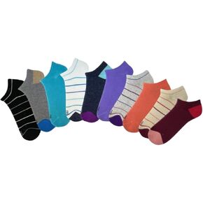 K. Bell No Show Socks, 10 Pairs, Assorted Solids and Stripes, Fits Shoe Sizes 5.5-10