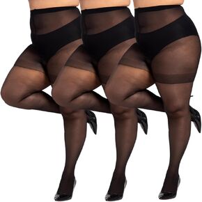3 Pairs Plus Size Women’s Sheer Tights 20D High Waist Control Top Pantyhose with Reinforced Toes