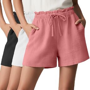 Neer 3 Pack Women's Linen Cotton Shorts with Pockets Drawstring High Elastic Waisted Wide Leg Loose Casual Summer Shorts