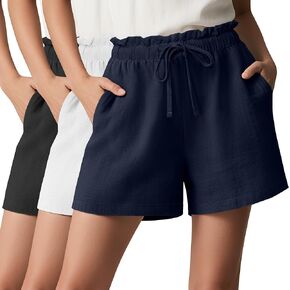 Neer 3 Pack Women's Linen Cotton Shorts with Pockets Drawstring High Elastic Waisted Wide Leg Loose Casual Summer Shorts in Saudi Arabia