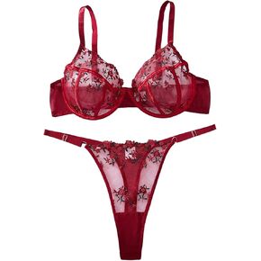 MakeMeChic Women's Plus Size Lingerie Sets Floral Embroidery Mesh Sheer Bra and Panty Set