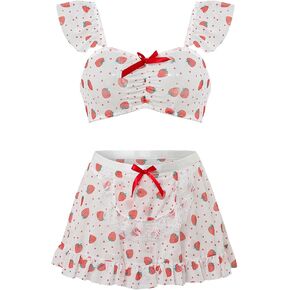 Women's Lingerie 3 Piece Set Ruffle Sleeve Cute Print Bow Bra and Panty with Mini Skirt