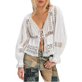 Women's Flowy Bow Front Tie Top Long Sleeve Peplum Lace Trim Chiffon Shirt Sheer V Neck Boho Ruffle Beach Blouse