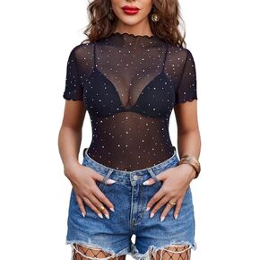 Avidlove Women Mesh Tops Short Sleeve Rhinestone Shirts Sheer Blouse Sexy Going Out Tops Sparkly Party Tops Summer