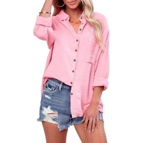 siliteelon Womens Button Down Shirts Cotton Gauze Long Sleeve Oversized Boyfriend Blouses Collared Dress Tops with Pockets