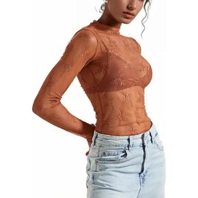 Womens Lace Top Long Sleeve Mesh Tops for Women Mock Neck Floral Sheer See Through Shirts for Party Club Casual