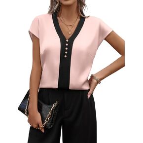 Fayenne Womens Tops Dressy Casual V Neck Color Block Short Sleeve Blouse Business Casual Tops Satin Silk Work Summer Shirt