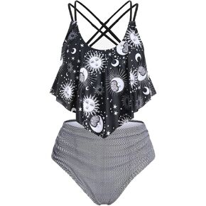 Rosegal Women Plus Size Gothic Tankini Swimsuit Celestial Sun Moon Print Crisscross Flounce Two Piece Bathing Suit