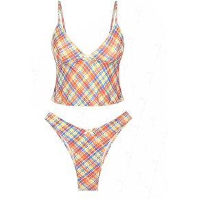 seamoly Gingham Lace Trim Bowknot Decor Tankini Set, Multi, XL