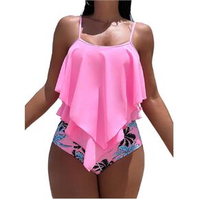 Verdusa Women's 2 Piece Tropical Swimsuit Ruffle Layered Camisole with Panty Tankini Set