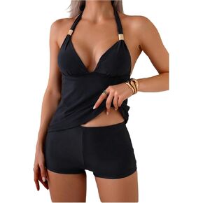 WDIRARA Women's Halter V Neck Tankini Swimsuit Two Piece Bathing Suit with Boy Shorts