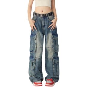 Baggy Cargo Jeans for Women Men Y2K Cargo Denim Sweatpants Low Rise Wide Leg Pants Streetwear Clothes
