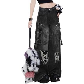 Gothic Women's Jeans Fashion Y2K Vintage Straight High Waist Baggy Wide Leg Ripped Denim Pants Black