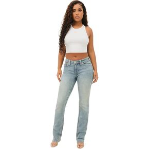 True Religion Women's Billie Mid Rise Straight Stretch Single Needle Stitching Jeans Pant