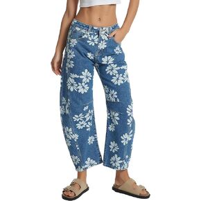 D-Sun Women Printed Barrel Jeans Casual Low Rise Floral Printed Cropped Wide Leg Denim Pants Boyfriend Baggy Jean with Pocket