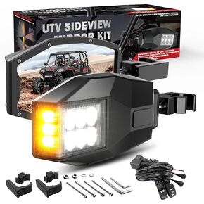 CO LIGHT UTV Side View Mirrors Aluminium with White LED Lights Amber Blinker Turn Signal Street Legal Kit, Tube Clamp Fits 1.75"-2" Roll Cage Bar for Side By Side UTV Polaris RZR XP Can-Am X3 Yamaha
