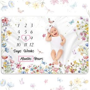 Nuanchu Wildflower Baby Monthly Milestone Blanket for Baby Girl Boy 60" x 40" Soft Fleece First 12 Months Growth Chart Newborn Photography Background Baby's First Year Milestone Blanket Nursery Decor