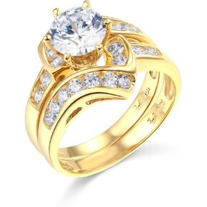 14k Yellow Gold SOLID Wedding Engagement Ring and Wedding Band 2 Piece Set - Size 7