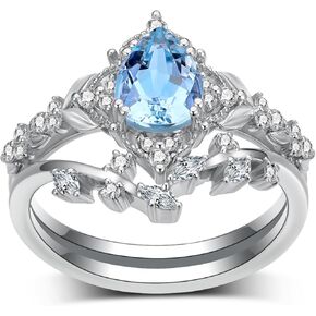 Natural Pear-Cut Aquamarine Engagement Rings Sets for Women,925 Sterling Silver Moissanite Leaf Wedding Ring Sets,Bridal Ring Sets for Anniversary Birthday