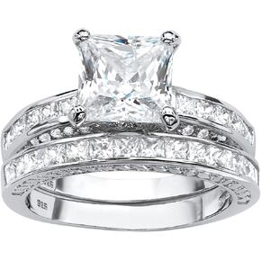 PalmBeach Yellow Gold-Plated or Platinum-Plated Sterling Silver Princess Cut Cubic Zirconia Bridal Ring Set Size 9