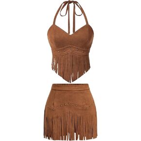 Cowgirl Outfit for Women Western Rodeo Halter Top with Tamssel Fringe Skirt Set Country Concert Outfit Rave Shirt Skirt
