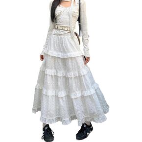 White Lace Maxi Skirts for Women Fashion A-Line High Waist Flowy Ruffle Tiered Boho Long Novelty Skirt