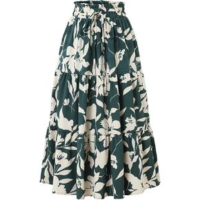 Women's Floral Tiered Midi Skirt Elastic Waist Dressy Casual A-line Summer Boho Skirts