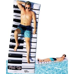 Roll Up Inflatable Pool Float Lounger for Adults, 70"x33" XL Portable Pool Mattress Floatie Raft for Flat Laying & Tanning with Headrest, Easy Blow Up Swimming Pool Fun Accessory - Music Piano Design