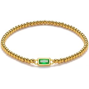 Gold Birthstone Bracelet for Women Trendy Non Tarnish Dainty 18K Gold Plated Stretch Beaded Bracelet Cubic Zirconia Bracelets Birthday Christmas Valentine's Day Gifts Birthstone Jewelry for Women