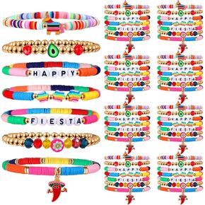 56 Pcs Mexican Heishi Bracelets Cinco De Mayo Stackable Jewelry Rainbow Beaded Stretch Boho Clay Elastic Layering Friendship Bracelets Summer Beach for Women