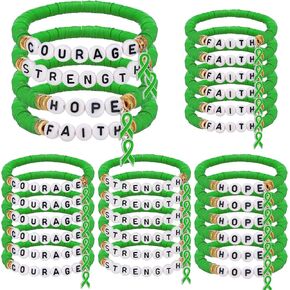 24 Pcs Mental Health Awareness Products Green Ribbon Polymer Clay Letter Beaded Stretch Bracelets Mental Faith Courage Hope Motivational Bracelets for Women Men Public Charity Welfare Event