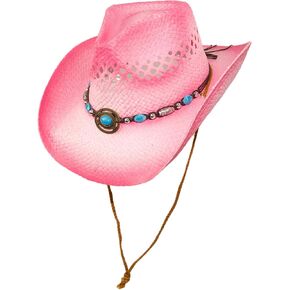 Womens Rodeo Ombre Cowboy Hat with Drawstring, Cute Straw Cowgirl Hat with Shapeable Brim (Pink with Turquoise Hatband)