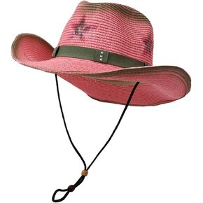 Straw Western Cowboy Cowgirl Hat with Star Print, Vintage Wide Brim Packable Straw Sun Hats for Men Women Travel Beach